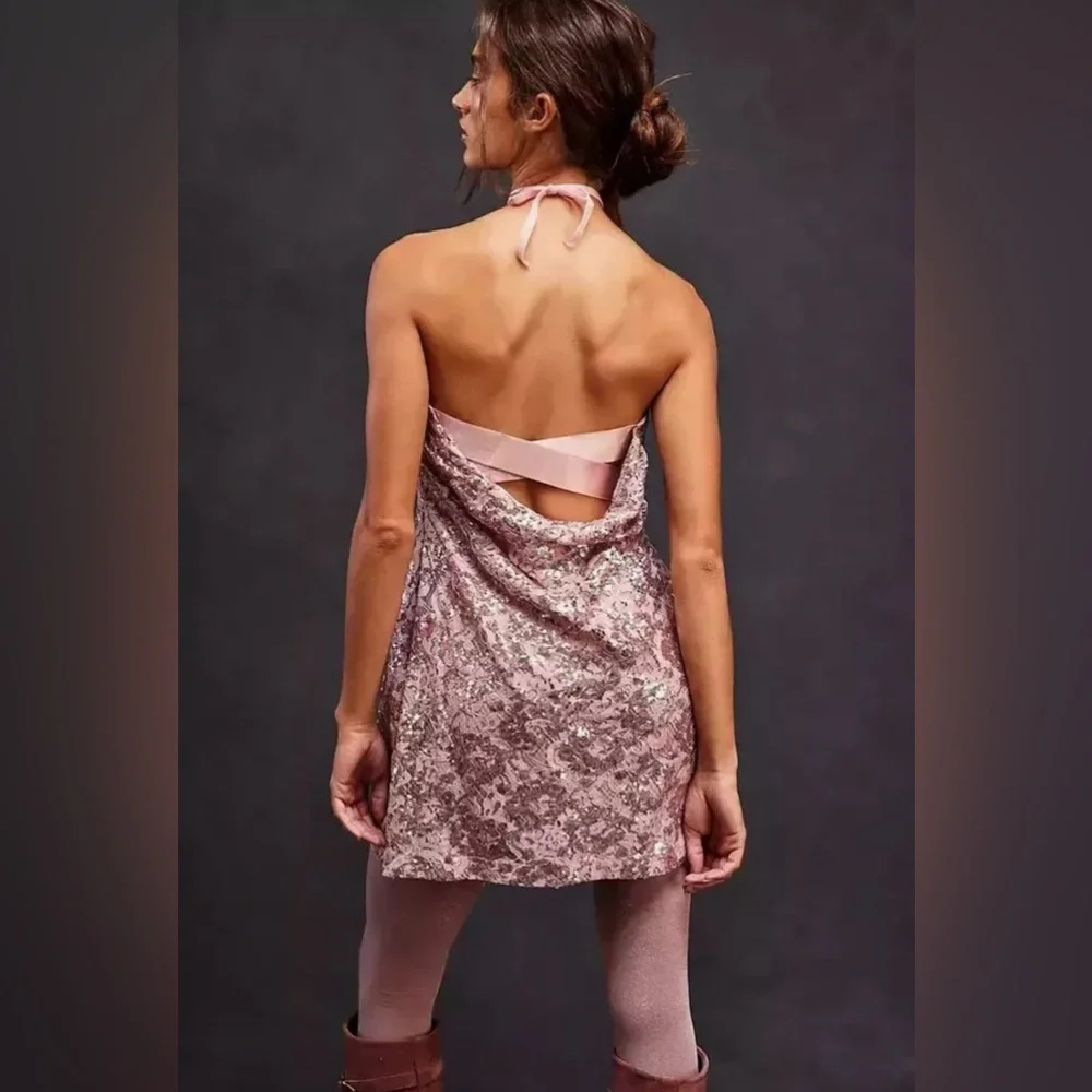 FREE PEOPLE Night Gaze Strapless Sequin Lace Mini Dress Blush Pink XL NWT